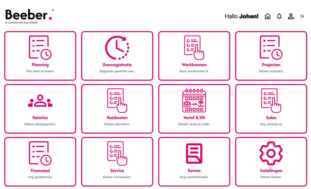 Beeber-applicatie met modules voor planning, urenregistratie, werkbonnen, projecten en klanten
