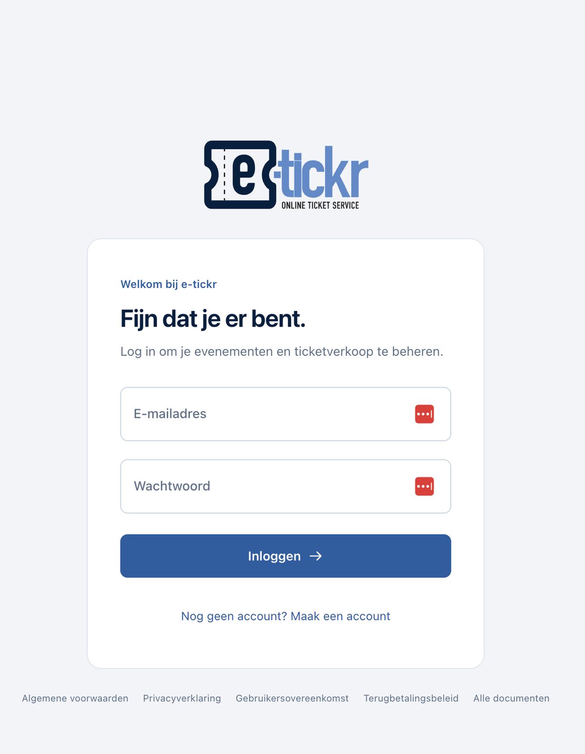 Inlogomgeving van e-tickr